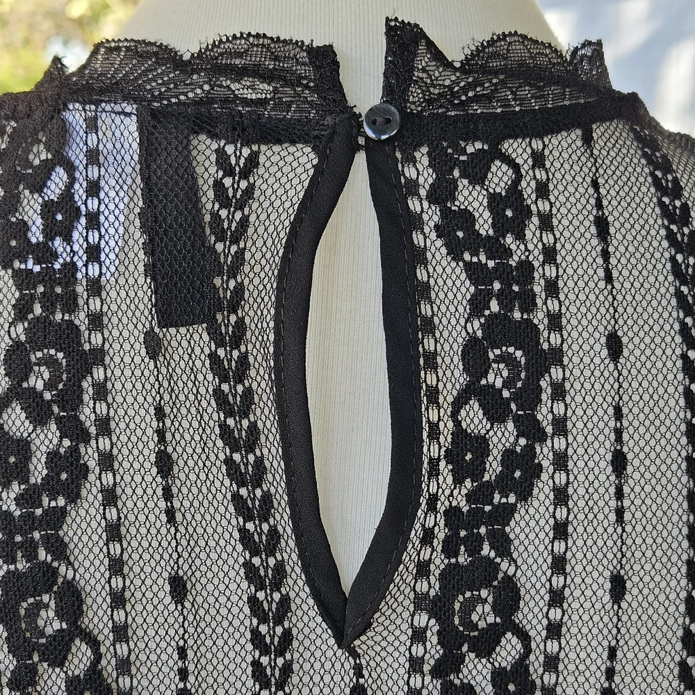 H&M Divided Sheer Black Lace LS Top Scalloped Hem Blouse Size 2 Goth Layering